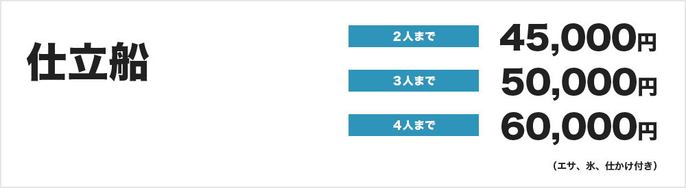 仕立船：２人まで45,000円　３人まで50,000円　４人まで60,000円　（エサ、氷、仕かけ付き）